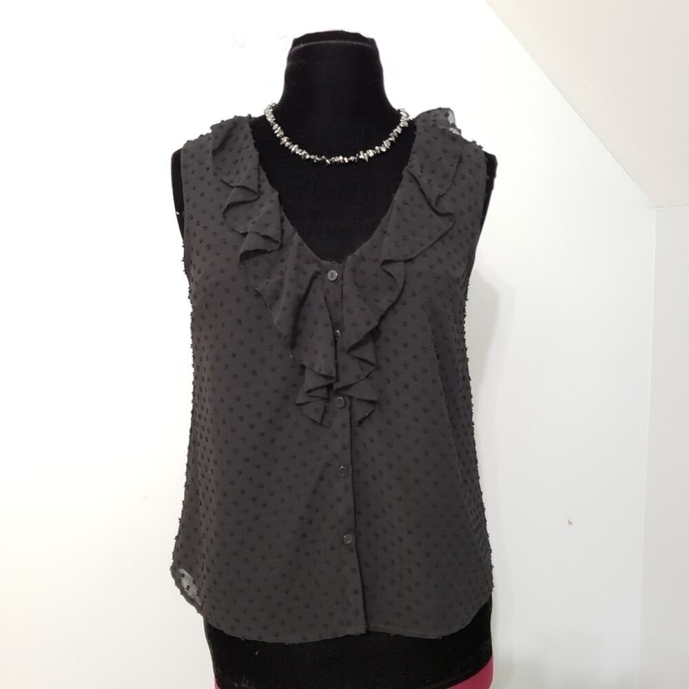 Black Swiss Dot Sleeveless Ruffle V-Neck Button Down Blouse Small Goth Witchy